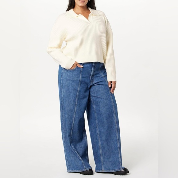 The Drop Women's Marcy Ribbed Polo Pullover Cropped V-neck Top Sweater Size XL - Picture 7 of 10